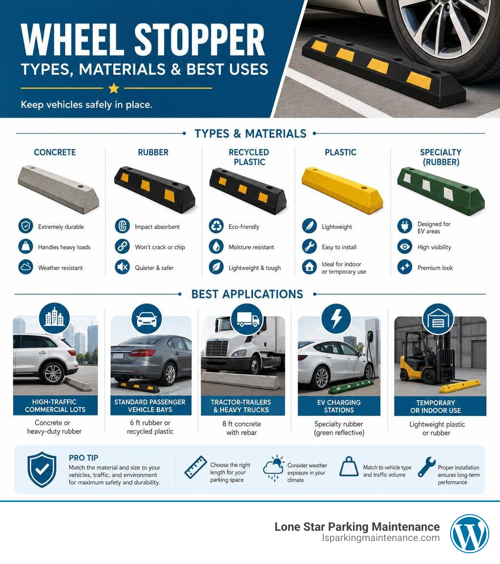Infographic showing wheel stopper types, materials, and which applications each suits best infographic Infographic showing wheel stopper types, materials, and which applications each suits best infographic
