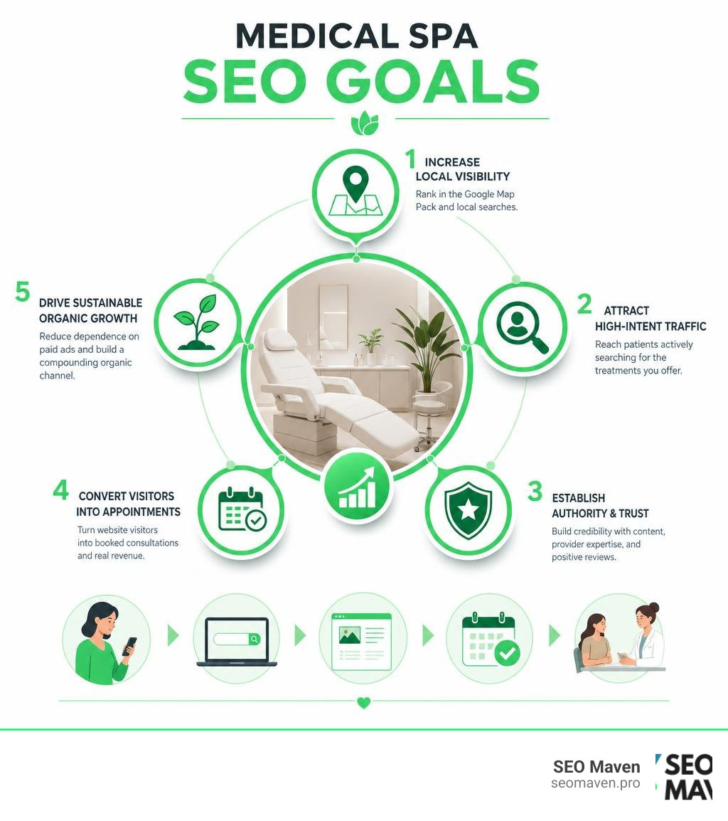 Medical spa SEO goals infographic: local visibility, high-intent traffic, authority, conversions, organic growth infographic Medical spa SEO goals infographic: local visibility, high-intent traffic, authority, conversions, organic growth infographic