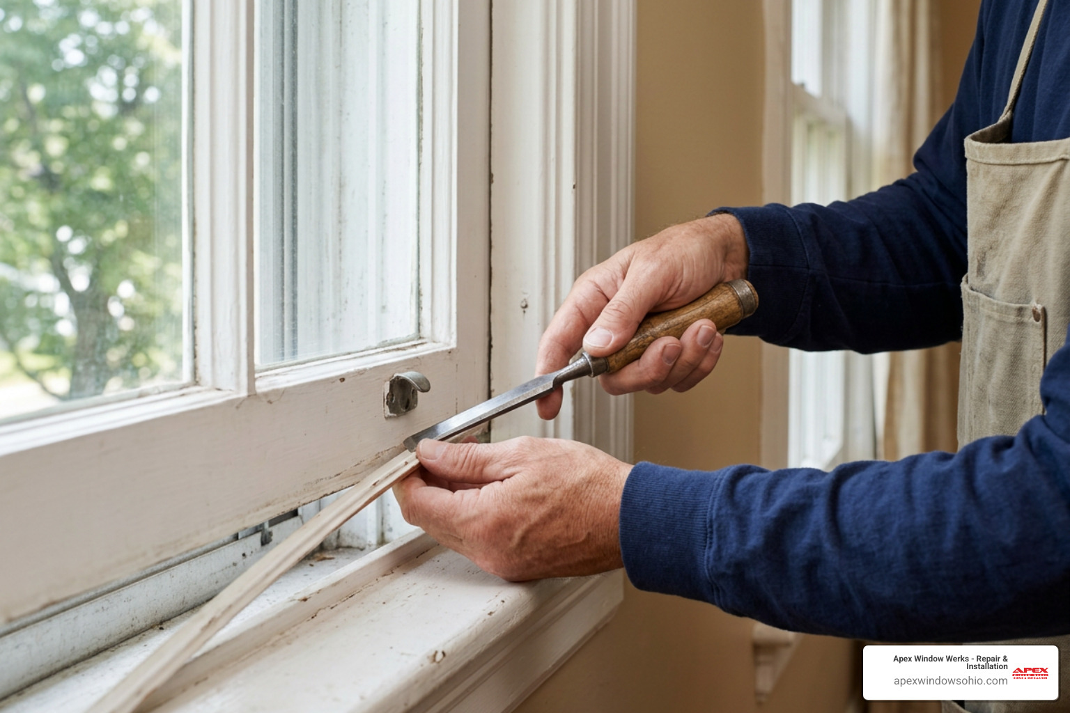 Removing the staff bead from a historic wooden window frame using a chisel Removing the staff bead from a historic wooden window frame using a chisel