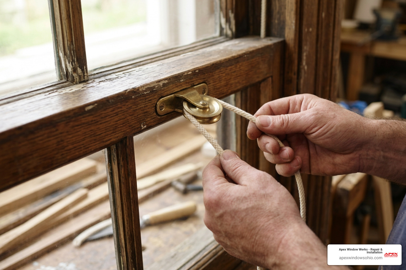 Feeding a new cotton cord through a brass window pulley at the top of a wooden frame Feeding a new cotton cord through a brass window pulley at the top of a wooden frame