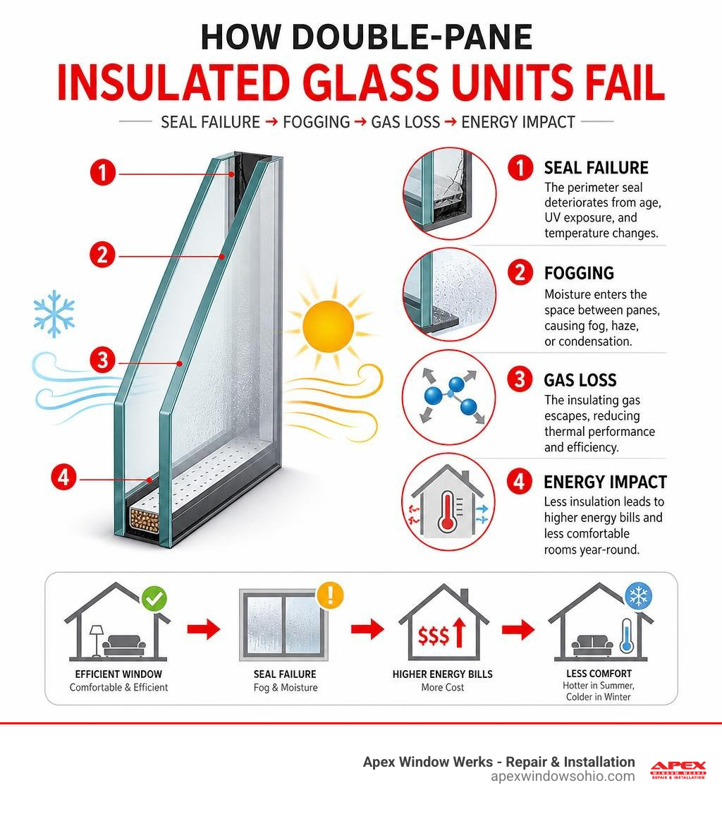 How double-pane insulated glass units fail — seal failure, fogging, gas loss, energy impact infographic