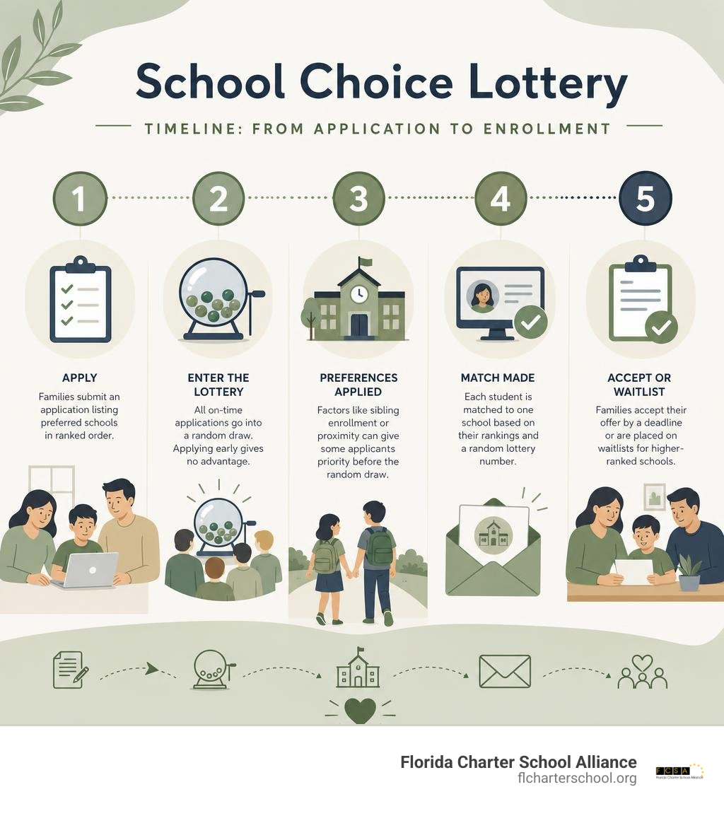 School choice lottery timeline infographic showing steps from application to enrollment infographic School choice lottery timeline infographic showing steps from application to enrollment infographic