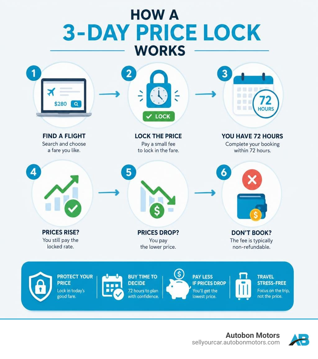 Infographic showing how a 3-day price lock works step-by-step from search to booking infographic