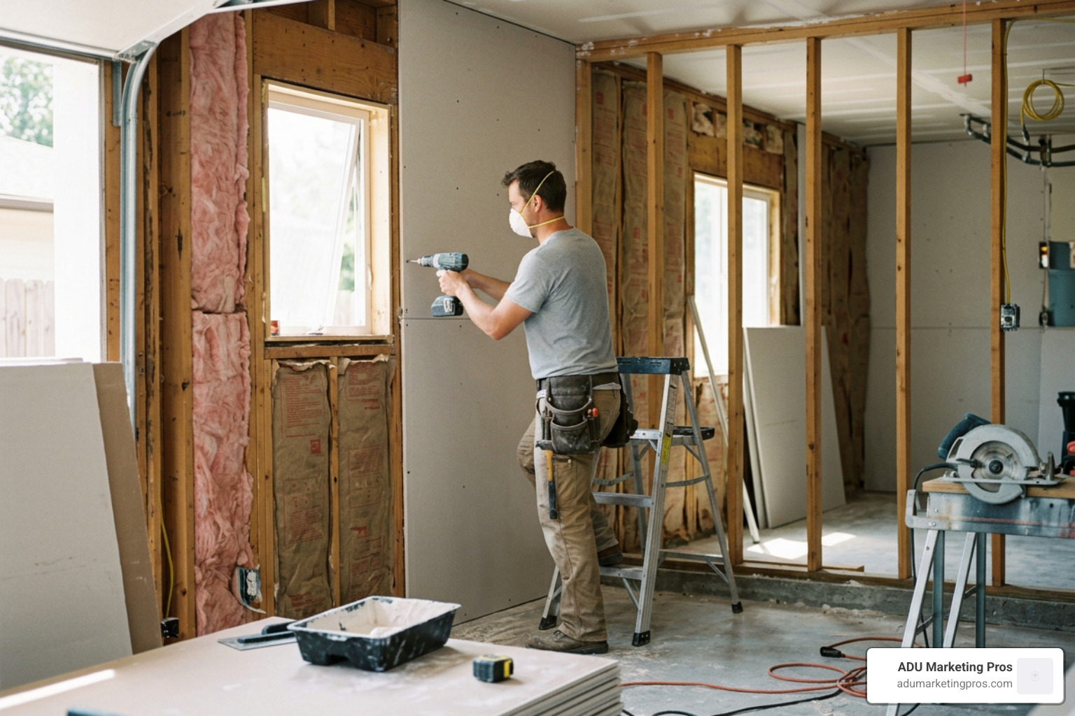 Licensed contractor installing drywall and insulation in a garage conversion project