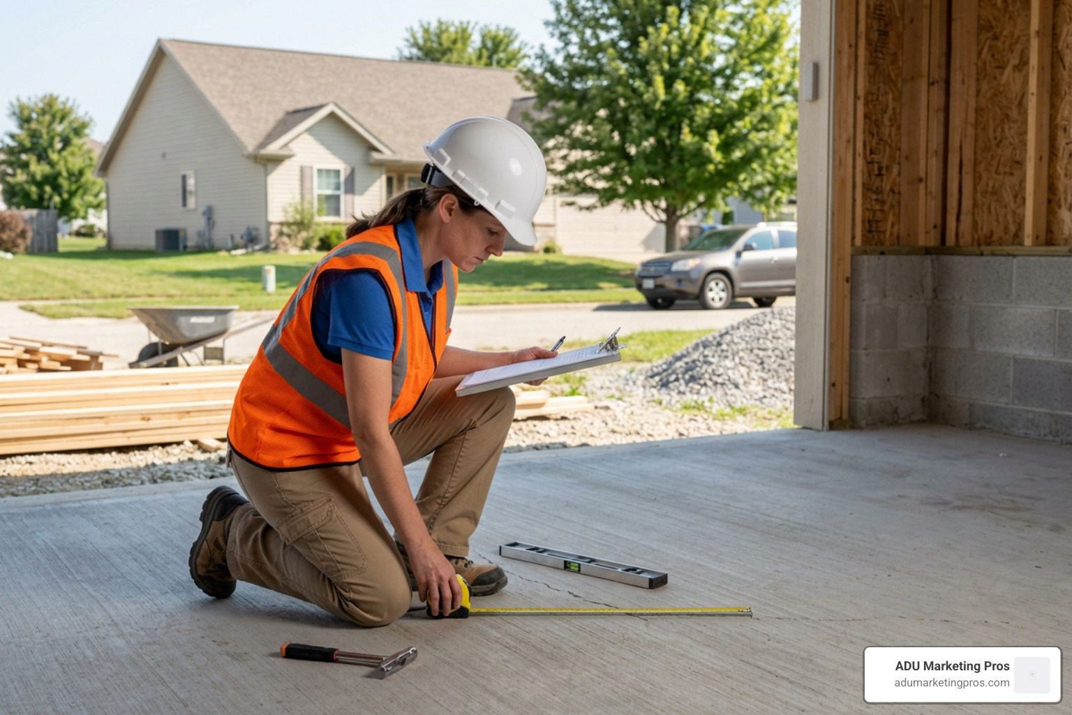 Structural engineer inspecting a detached garage foundation for load-bearing capacity