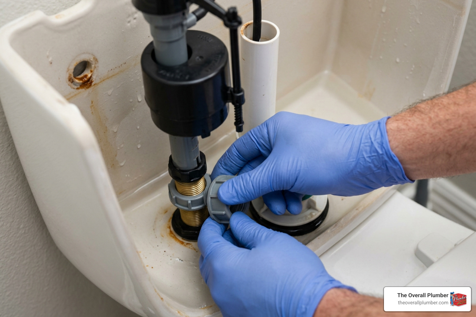 Installing and hand-tightening the new toilet fill valve inside the tank Installing and hand-tightening the new toilet fill valve inside the tank