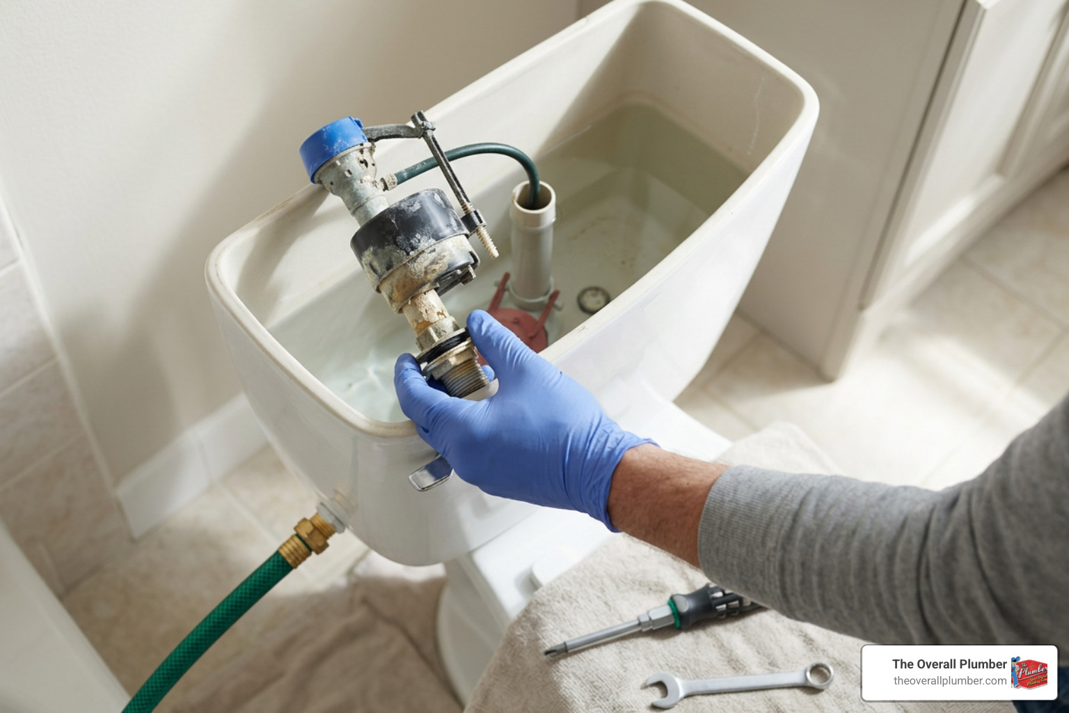 Tools required for toilet inlet valve replacement including wrench, bucket, and sponge Tools required for toilet inlet valve replacement including wrench, bucket, and sponge