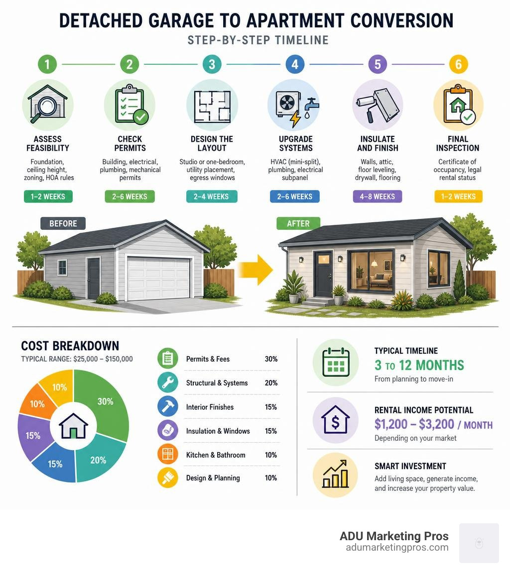 Infographic showing step-by-step timeline and cost breakdown for a detached garage to apartment conversion infographic