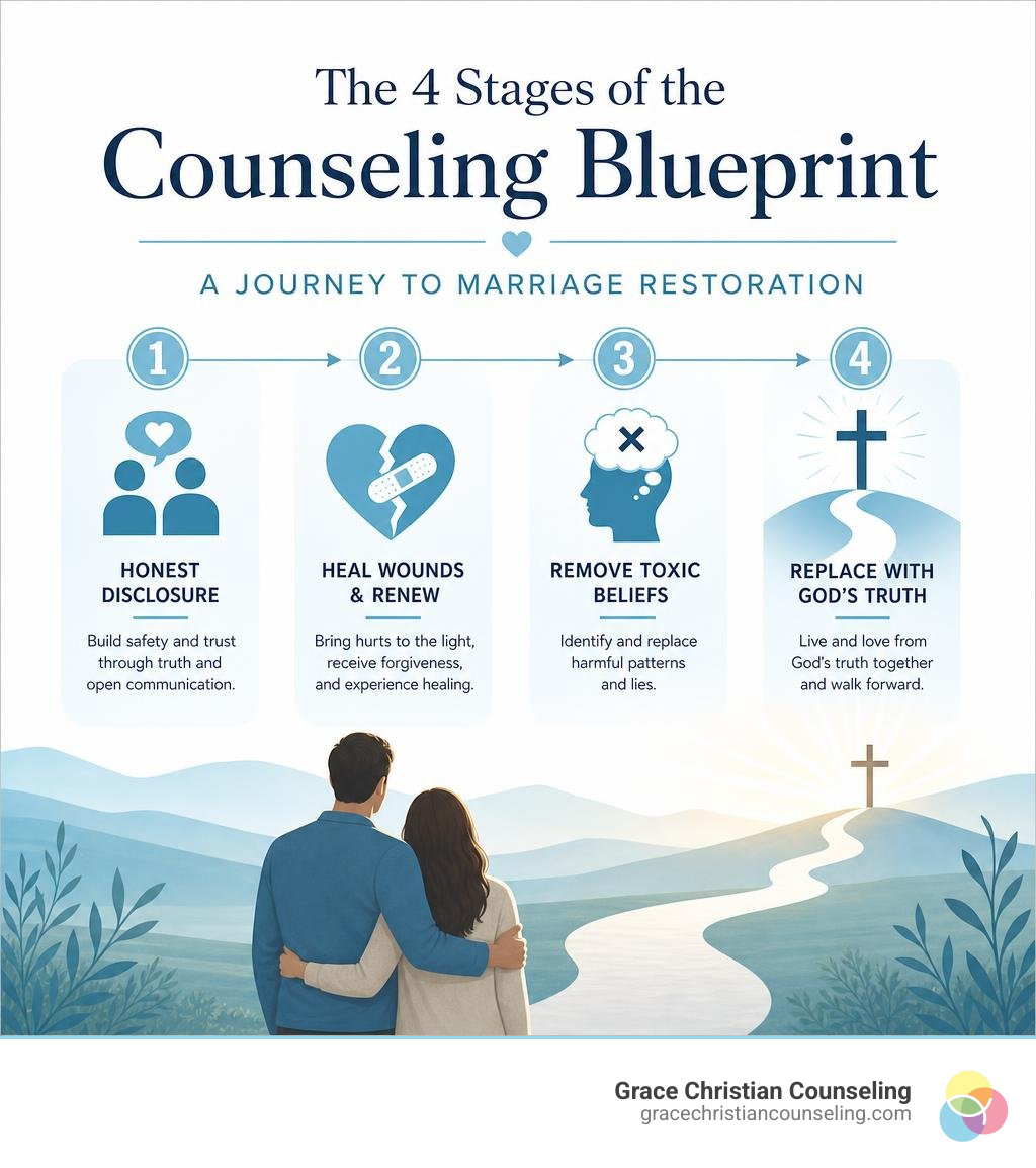 Infographic showing the 4 stages of the Counseling Blueprint for marriage restoration infographic Infographic showing the 4 stages of the Counseling Blueprint for marriage restoration infographic