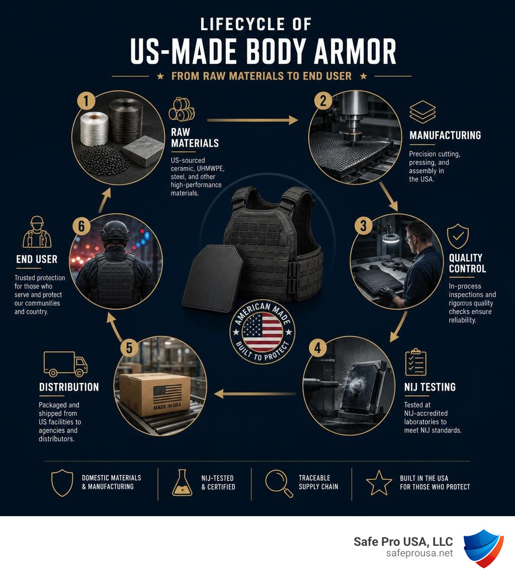 Lifecycle of US-made body armor from raw materials to NIJ testing to end user infographic Lifecycle of US-made body armor from raw materials to NIJ testing to end user infographic