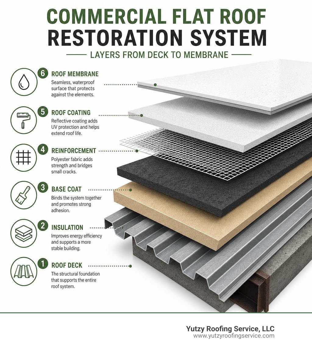 Infographic showing layers of a commercial flat roof restoration system from deck to membrane infographic Infographic showing layers of a commercial flat roof restoration system from deck to membrane infographic