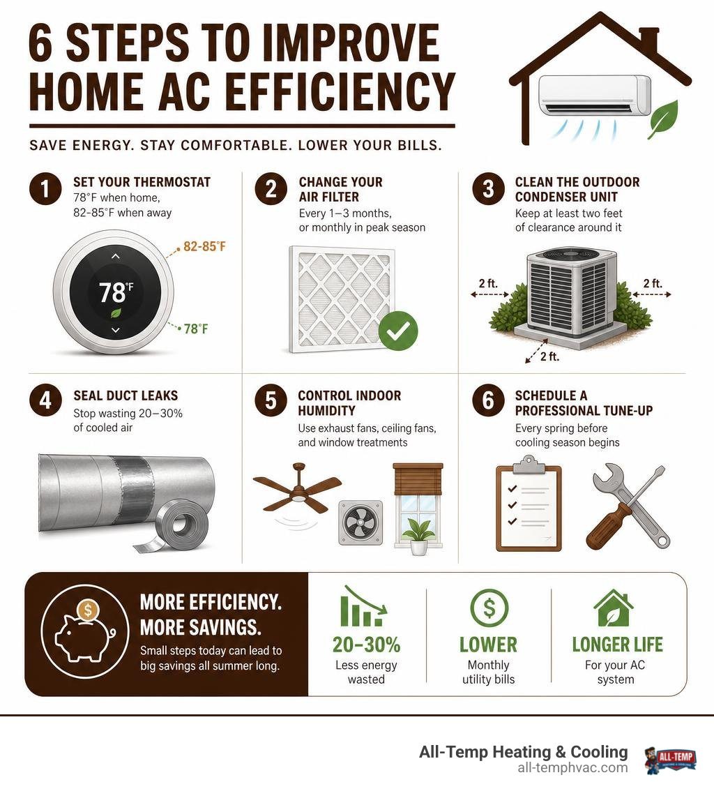 Infographic showing six steps to improve home AC efficiency with energy savings data