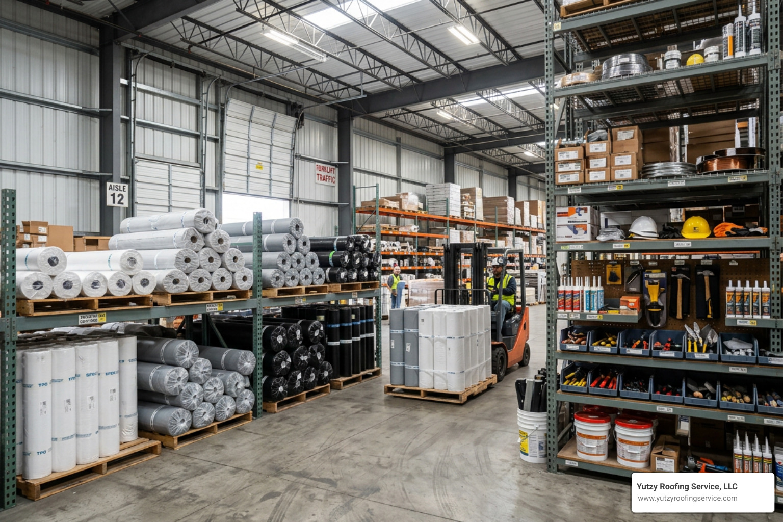 commercial roofing distributor warehouse showing bulk single-ply membranes and tools commercial roofing distributor warehouse showing bulk single-ply membranes and tools