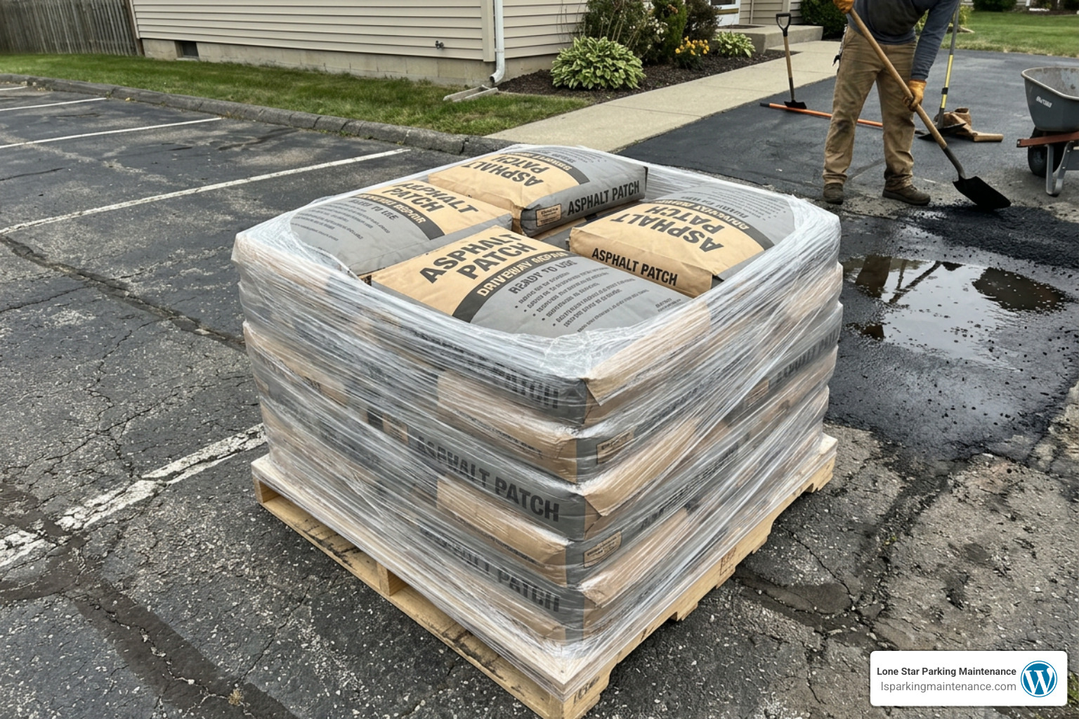 Retail asphalt patch bags stacked on a pallet ready for driveway repairs Retail asphalt patch bags stacked on a pallet ready for driveway repairs