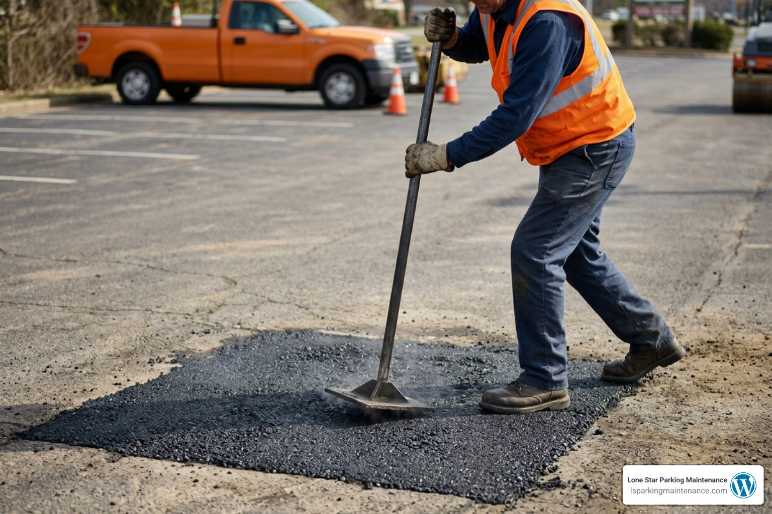 A worker using a heavy steel hand tamper to compact a fresh asphalt patch A worker using a heavy steel hand tamper to compact a fresh asphalt patch