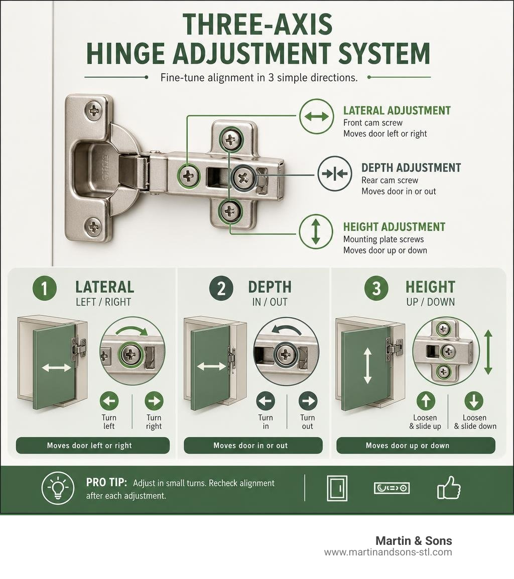 Three-axis Blum hinge adjustment system infographic showing lateral, depth, and height controls infographic Three-axis Blum hinge adjustment system infographic showing lateral, depth, and height controls infographic