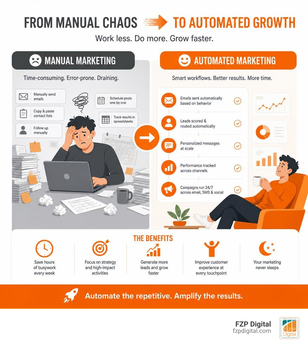 infographic showing transition from manual marketing tasks to automated marketing workflows with key benefits infographic infographic showing transition from manual marketing tasks to automated marketing workflows with key benefits infographic