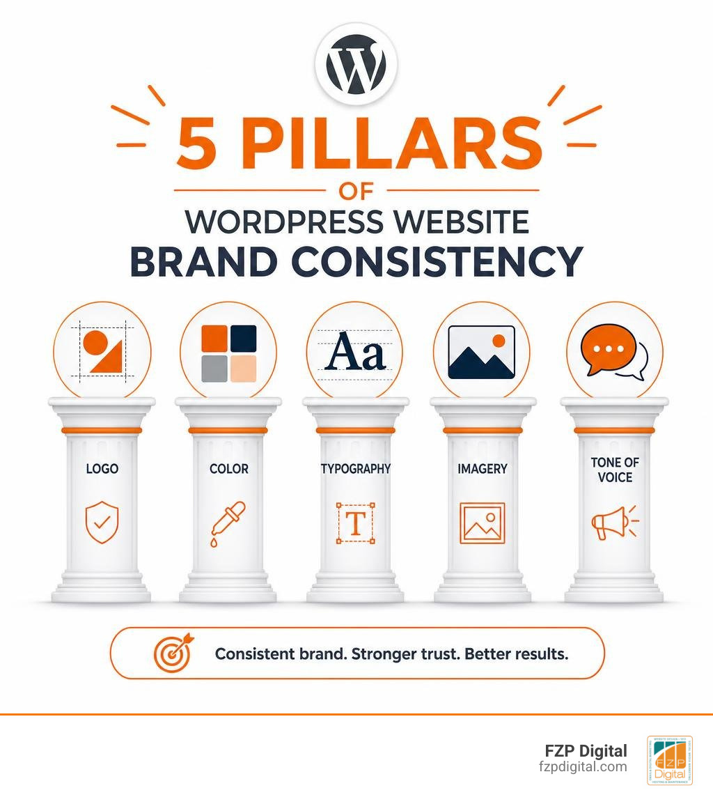 5 pillars of WordPress website brand consistency: logo, color, typography, imagery, and tone of voice infographic 5 pillars of WordPress website brand consistency: logo, color, typography, imagery, and tone of voice infographic