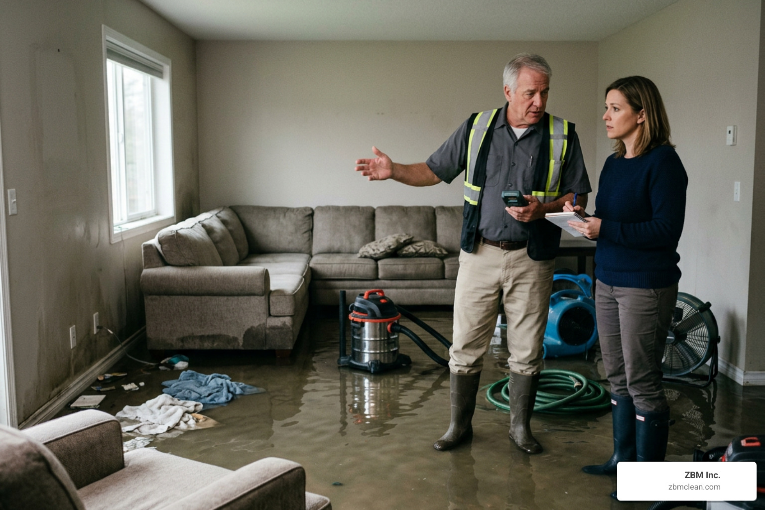 homeowner consulting with professional restoration expert in a flooded living room homeowner consulting with professional restoration expert in a flooded living room