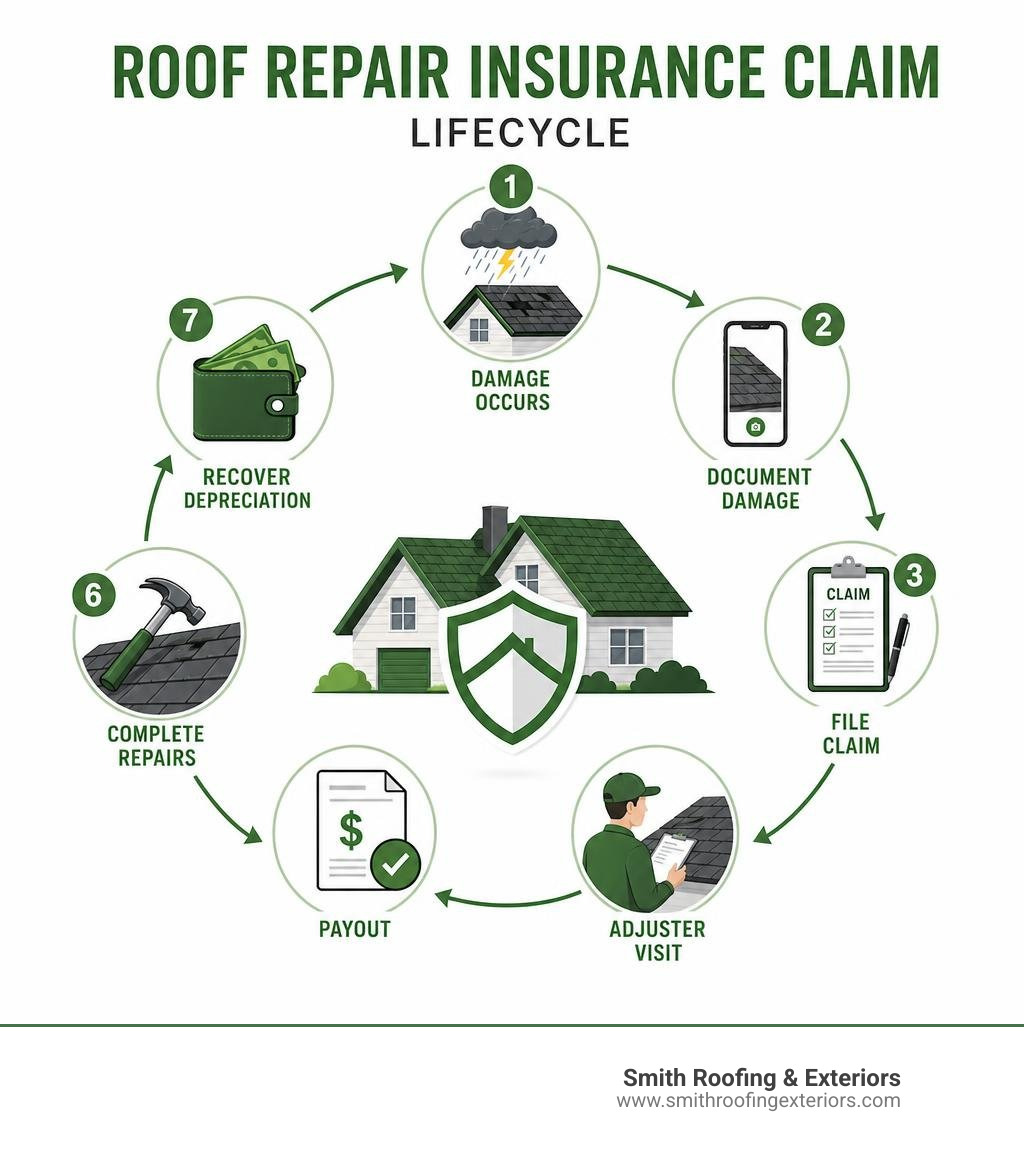 Roof repair insurance claim lifecycle infographic: damage occurs, document damage, file claim, adjuster visit, payout Roof repair insurance claim lifecycle infographic: damage occurs, document damage, file claim, adjuster visit, payout