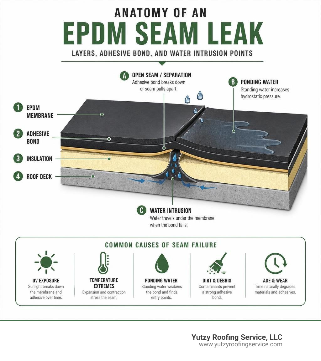 Anatomy of an EPDM seam leak showing layers, adhesive bond, and water intrusion points infographic Anatomy of an EPDM seam leak showing layers, adhesive bond, and water intrusion points infographic