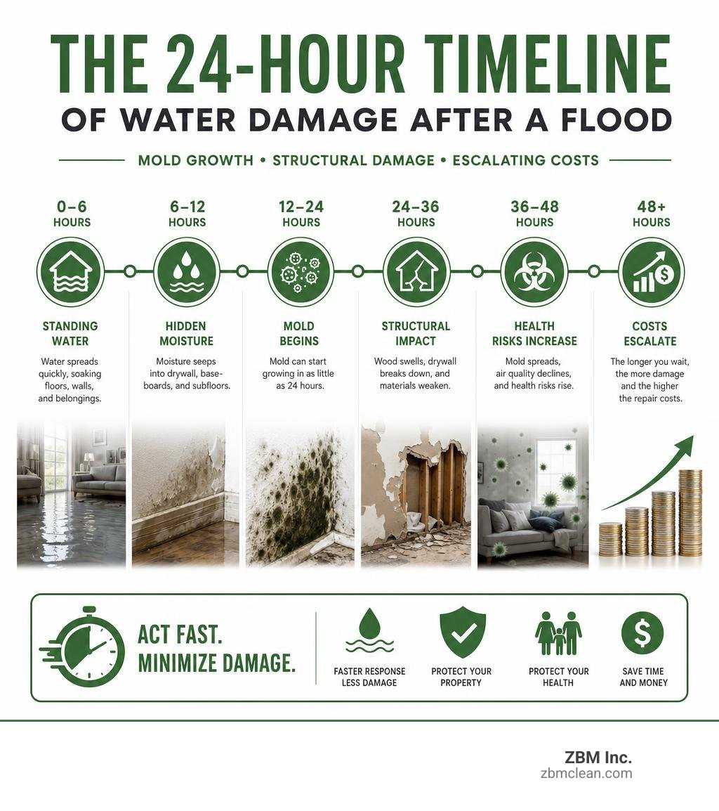 24-hour water damage timeline showing mold growth, structural damage, and escalating costs after a flood infographic 24-hour water damage timeline showing mold growth, structural damage, and escalating costs after a flood infographic