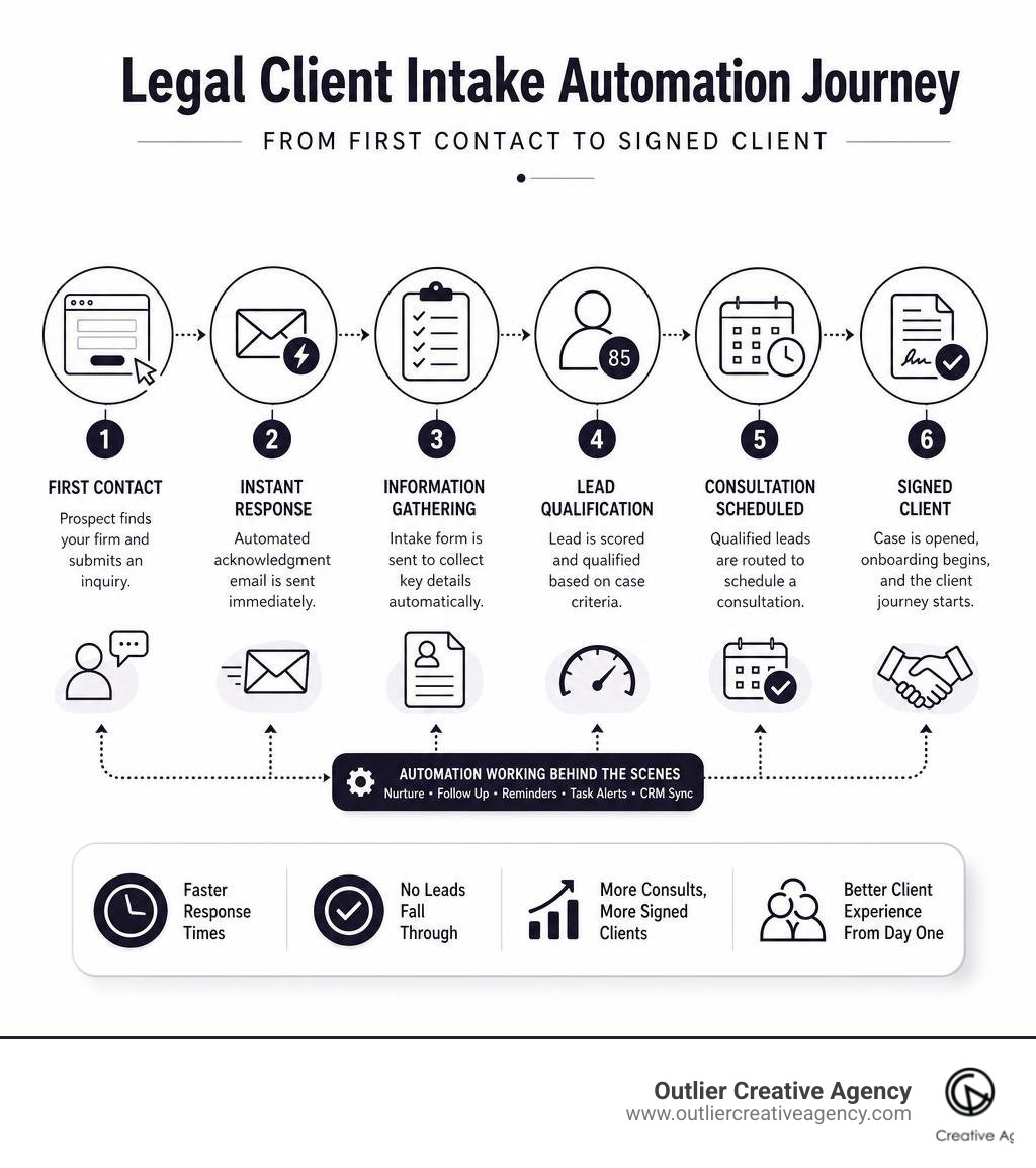 Legal client intake automation journey from first contact to signed client infographic infographic