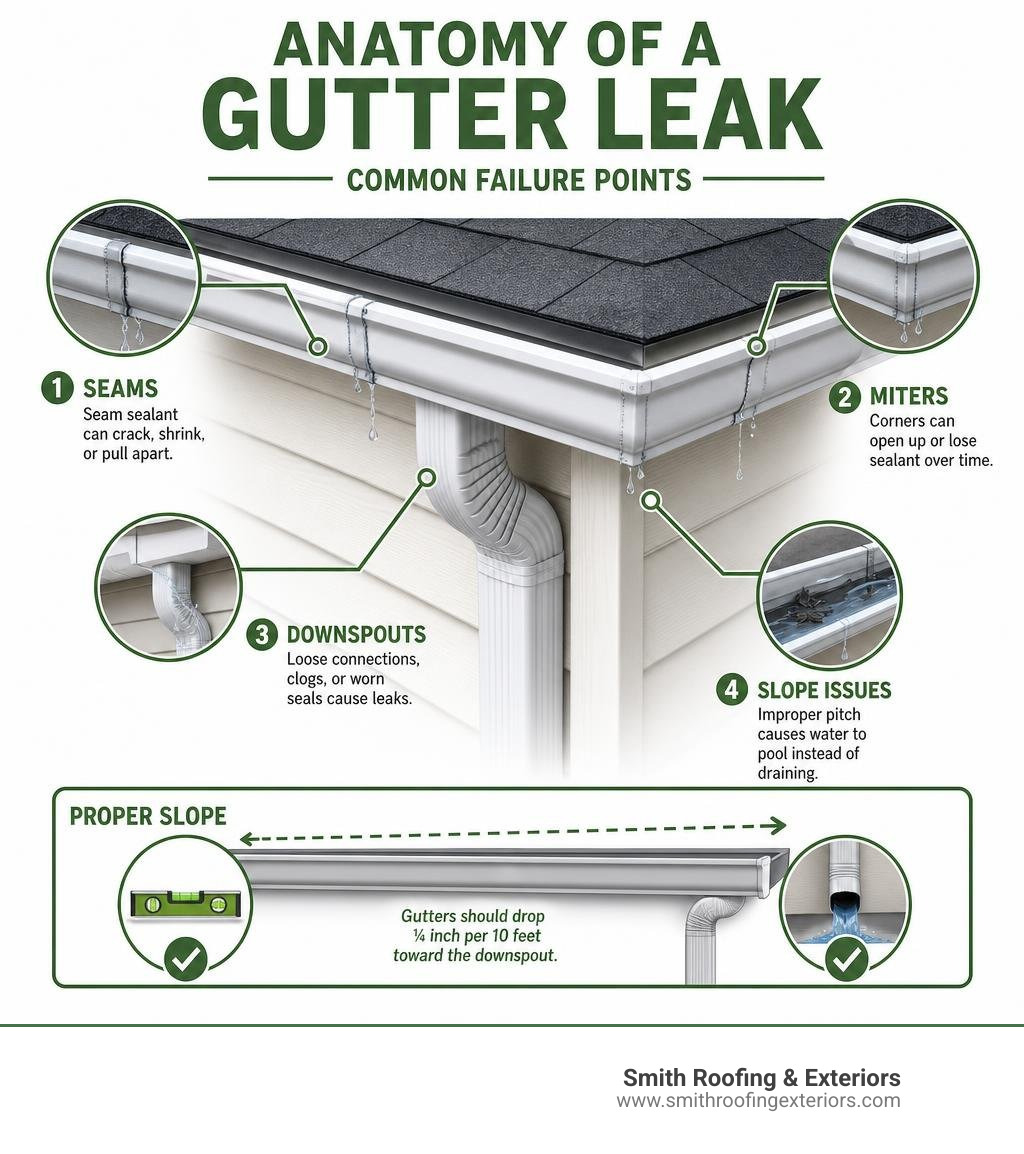 Anatomy of a gutter leak showing common failure points: seams, miters, downspouts, and slope issues infographic Anatomy of a gutter leak showing common failure points: seams, miters, downspouts, and slope issues infographic