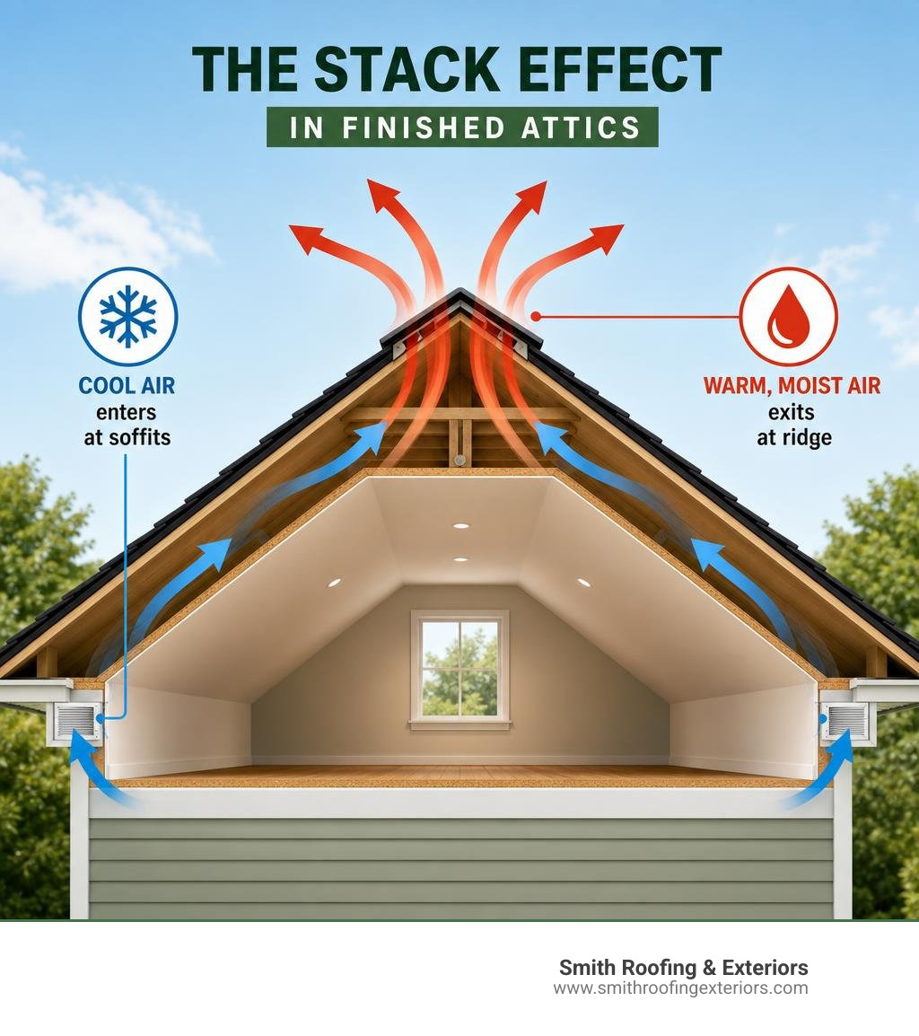 Infographic showing the stack effect in finished attics: cool air enters at soffits, warm moist air exits at ridge Infographic showing the stack effect in finished attics: cool air enters at soffits, warm moist air exits at ridge
