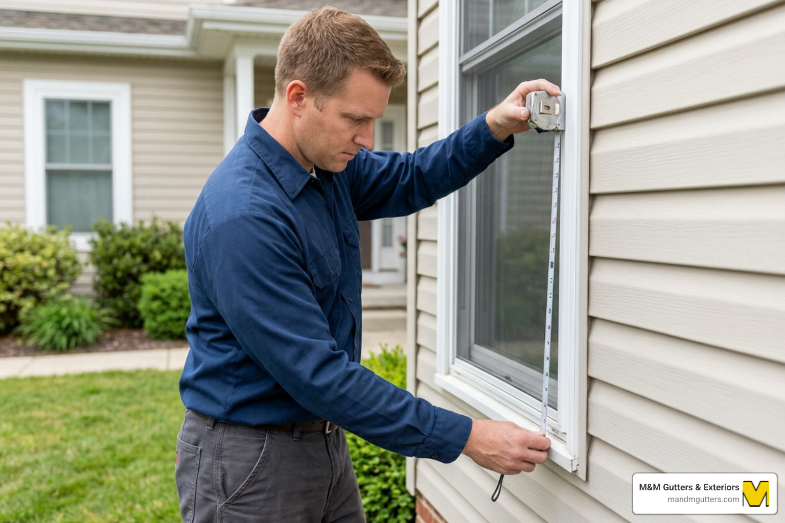 A homeowner carefully measuring an aluminum window frame with a steel tape measure