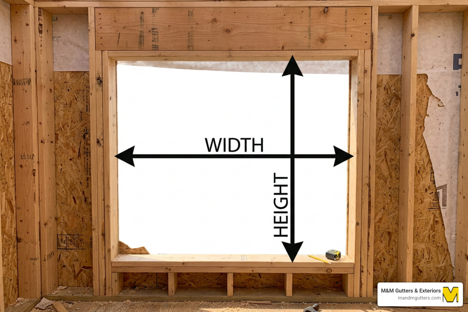 Diagram of a rough opening showing the studs, header, and sill with measurement arrows