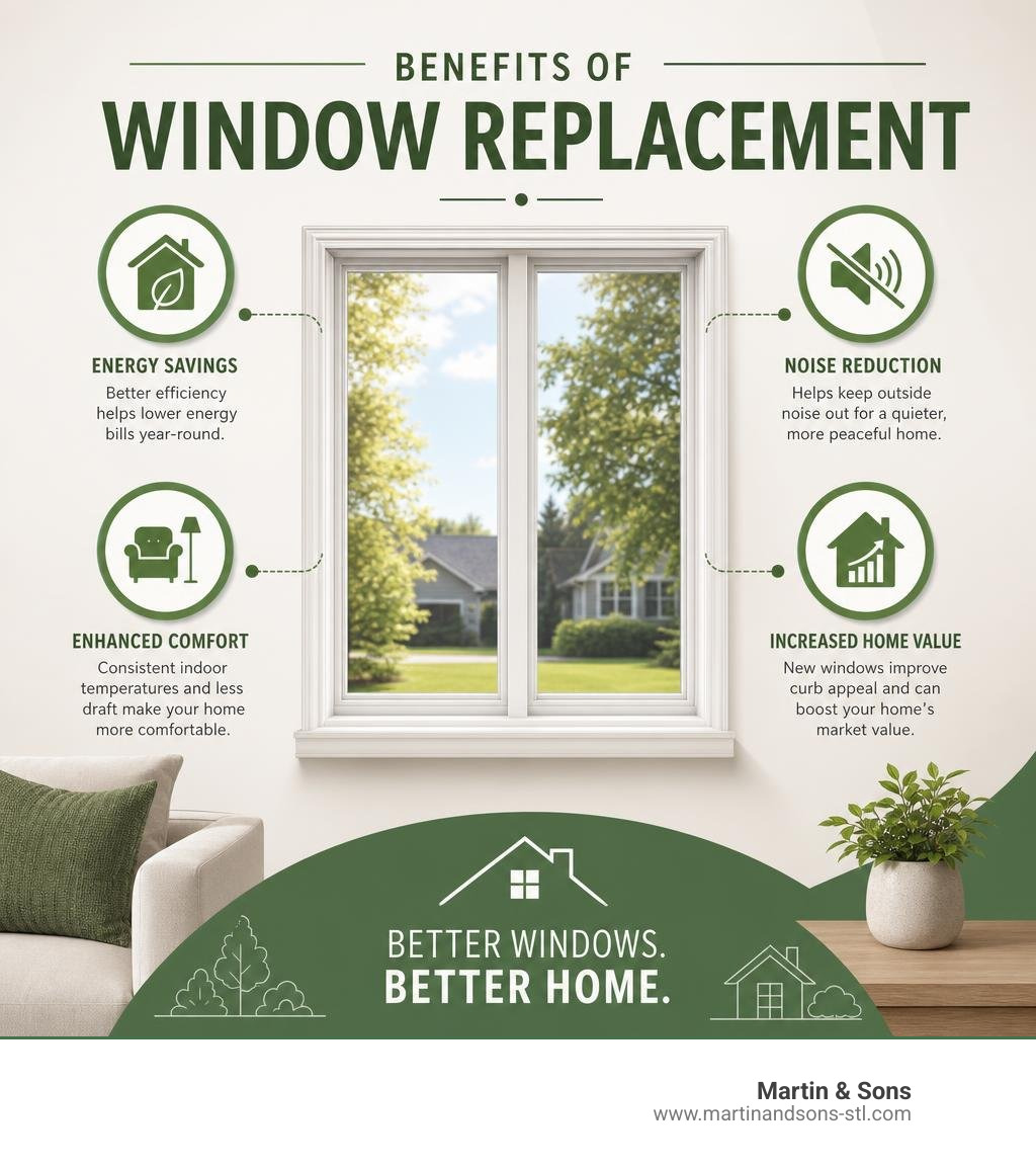 Benefits of window replacement infographic showing energy savings, noise reduction, comfort, and home value infographic Benefits of window replacement infographic showing energy savings, noise reduction, comfort, and home value infographic