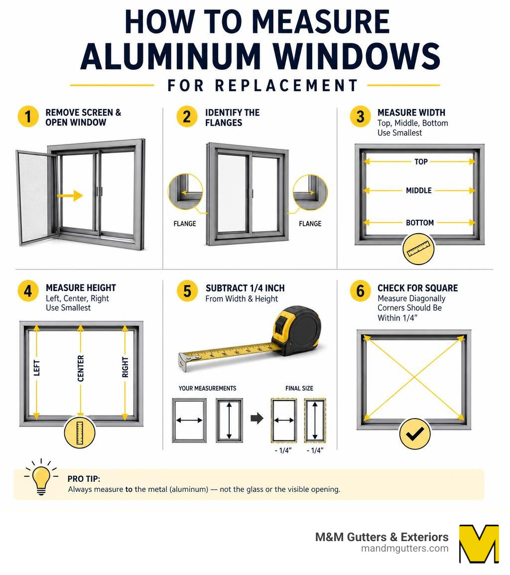 Infographic showing step-by-step aluminum window measurement process with width, height, and flange identification