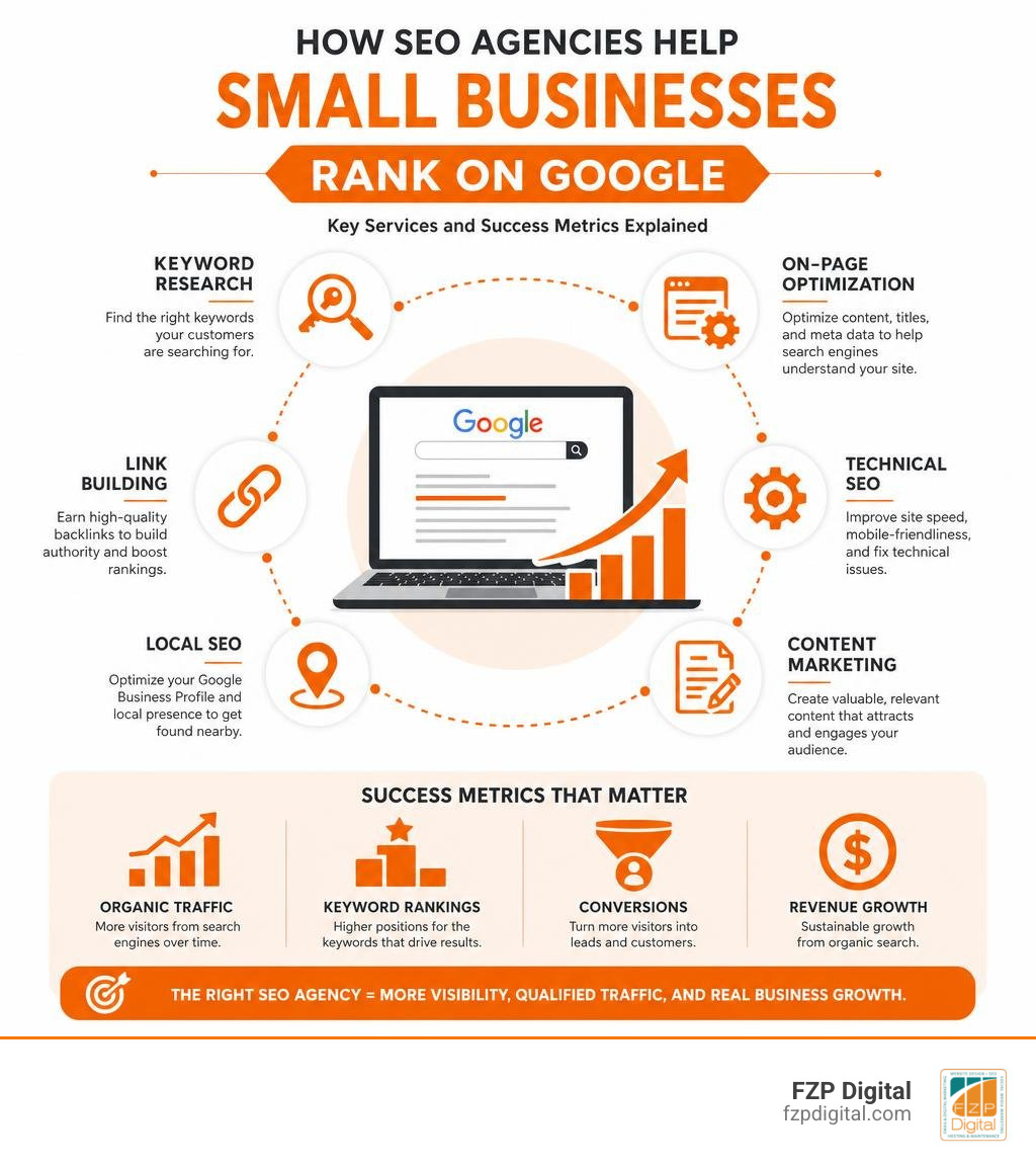 How SEO agencies help small businesses rank on Google — key services and success metrics explained infographic