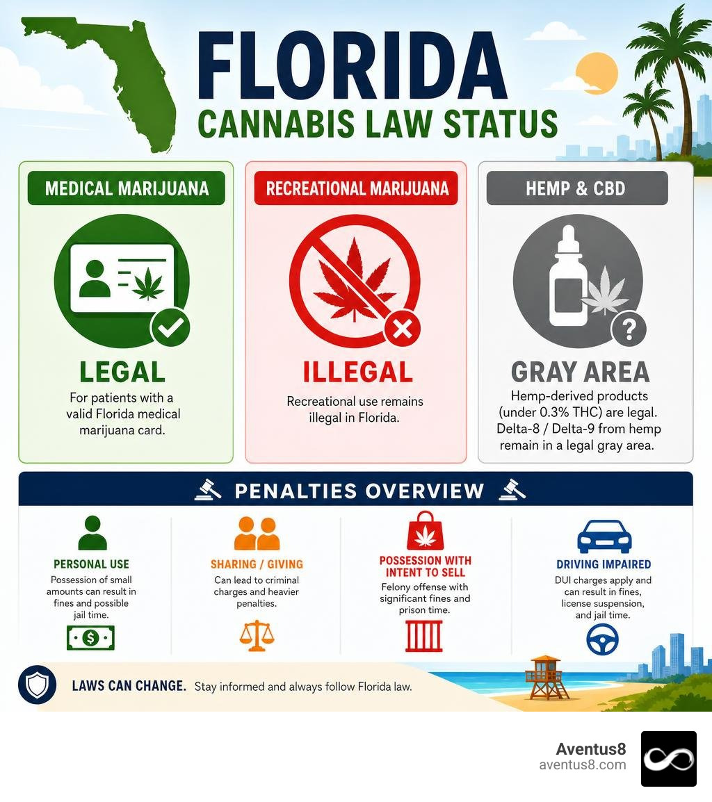 Florida cannabis law status infographic: medical legal, recreational illegal, hemp gray area, penalties overview infographic Florida cannabis law status infographic: medical legal, recreational illegal, hemp gray area, penalties overview infographic