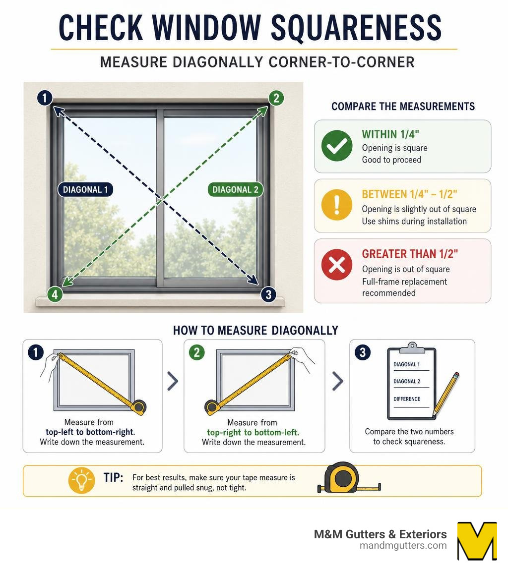 Checking window squareness by measuring diagonally corner-to-corner infographic
