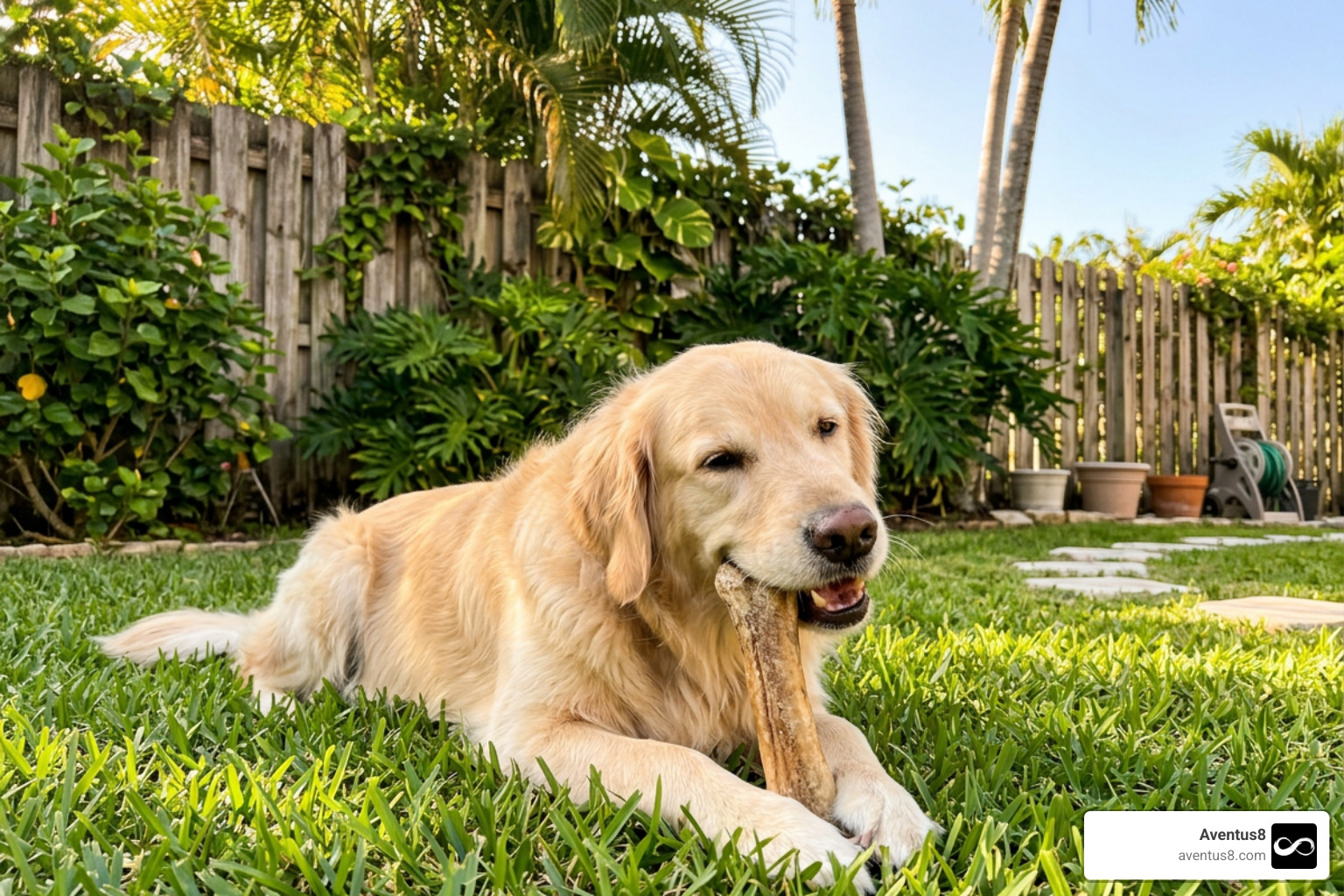 A happy golden retriever enjoying a healthy chew in a Hollywood, FL backyard A happy golden retriever enjoying a healthy chew in a Hollywood, FL backyard