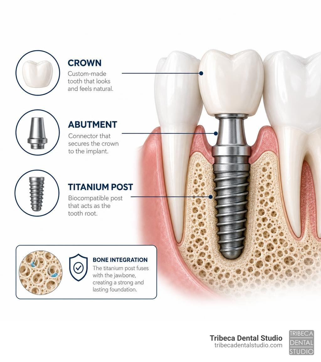 Dental implant structure diagram showing titanium post, abutment, and crown with bone integration infographic Dental implant structure diagram showing titanium post, abutment, and crown with bone integration infographic