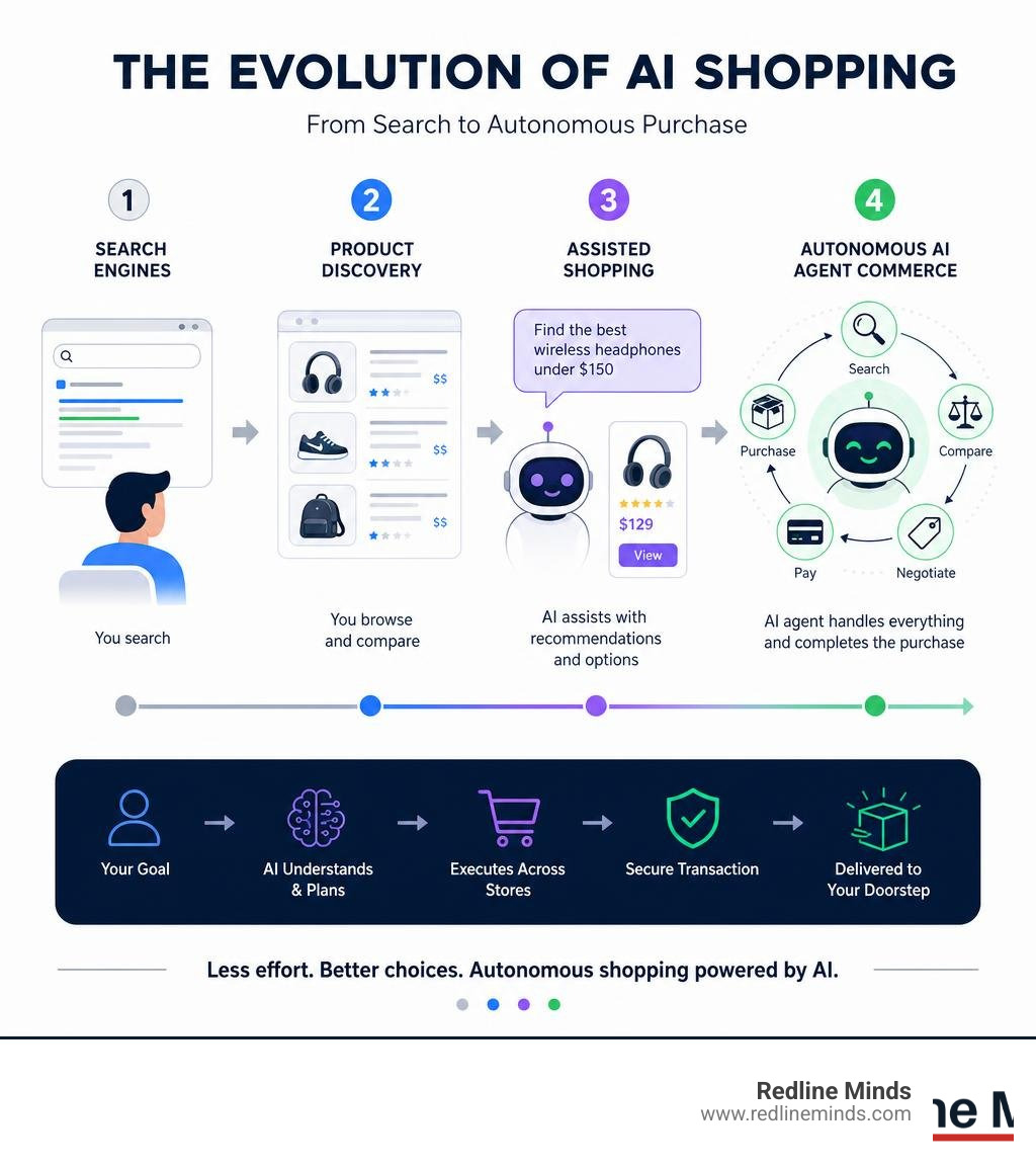 Infographic showing evolution of AI shopping from search engines to autonomous AI agents completing purchases infographic Infographic showing evolution of AI shopping from search engines to autonomous AI agents completing purchases infographic
