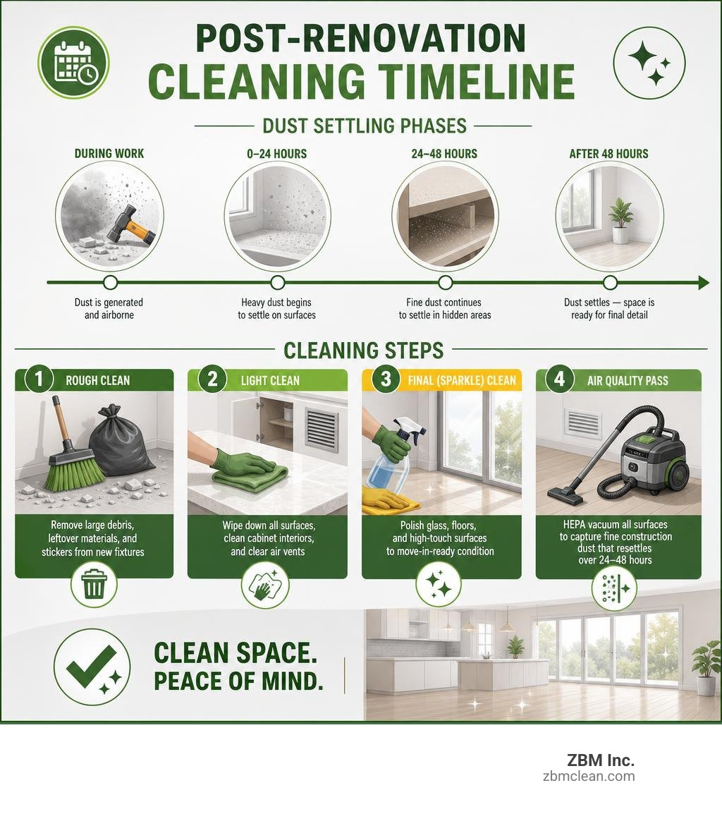 Post-renovation cleaning timeline infographic showing dust settling phases and cleaning steps infographic Post-renovation cleaning timeline infographic showing dust settling phases and cleaning steps infographic