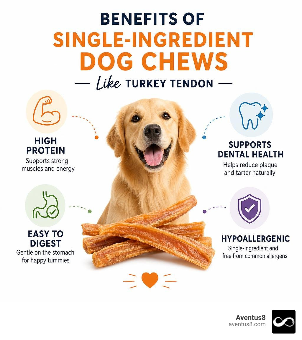 Benefits of single-ingredient dog chews like AFreschi turkey tendon — protein, digestibility, dental health, hypoallergenic Benefits of single-ingredient dog chews like AFreschi turkey tendon — protein, digestibility, dental health, hypoallergenic
