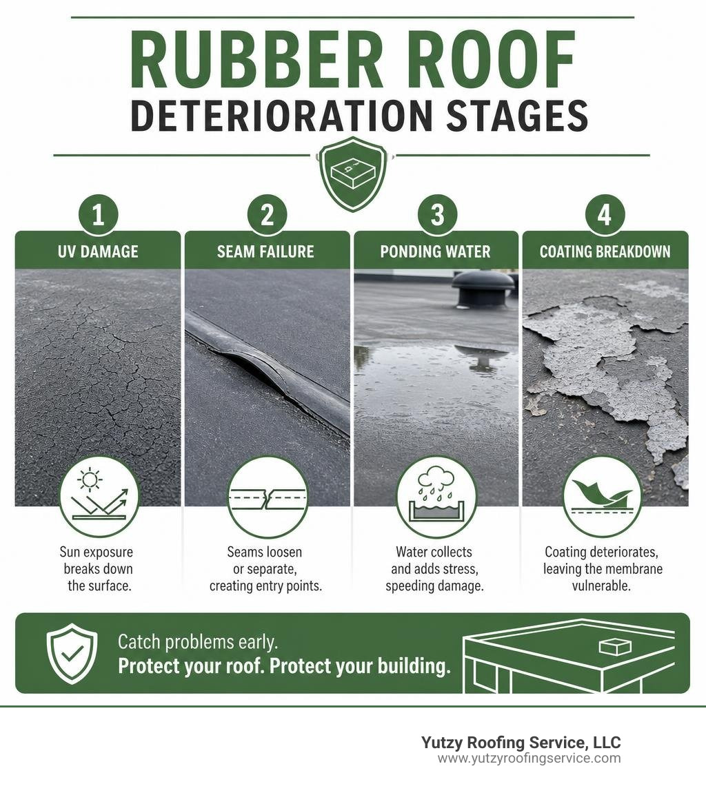 Rubber roof deterioration stages: UV damage, seam failure, ponding water, and coating breakdown infographic Rubber roof deterioration stages: UV damage, seam failure, ponding water, and coating breakdown infographic
