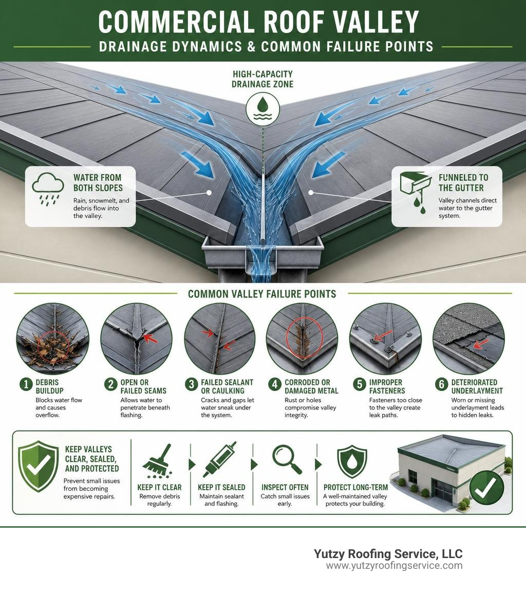 infographic showing commercial roof valley drainage dynamics and common failure points infographic infographic showing commercial roof valley drainage dynamics and common failure points infographic
