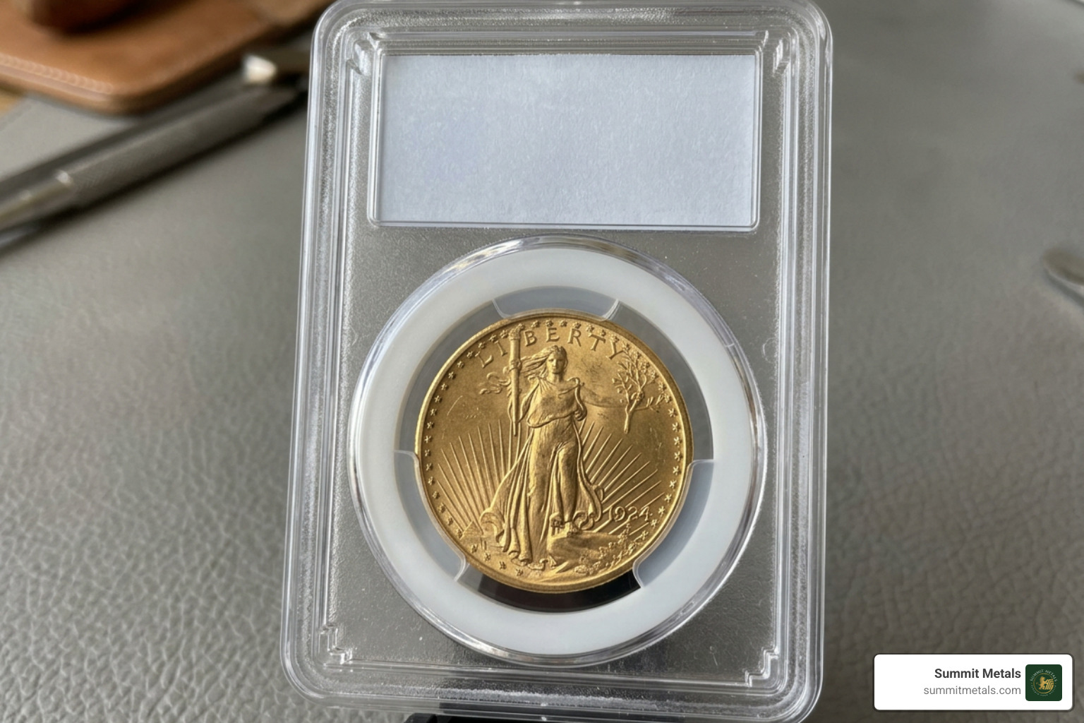 A professionally graded gold coin secured in a tamper evident slab A professionally graded gold coin secured in a tamper evident slab