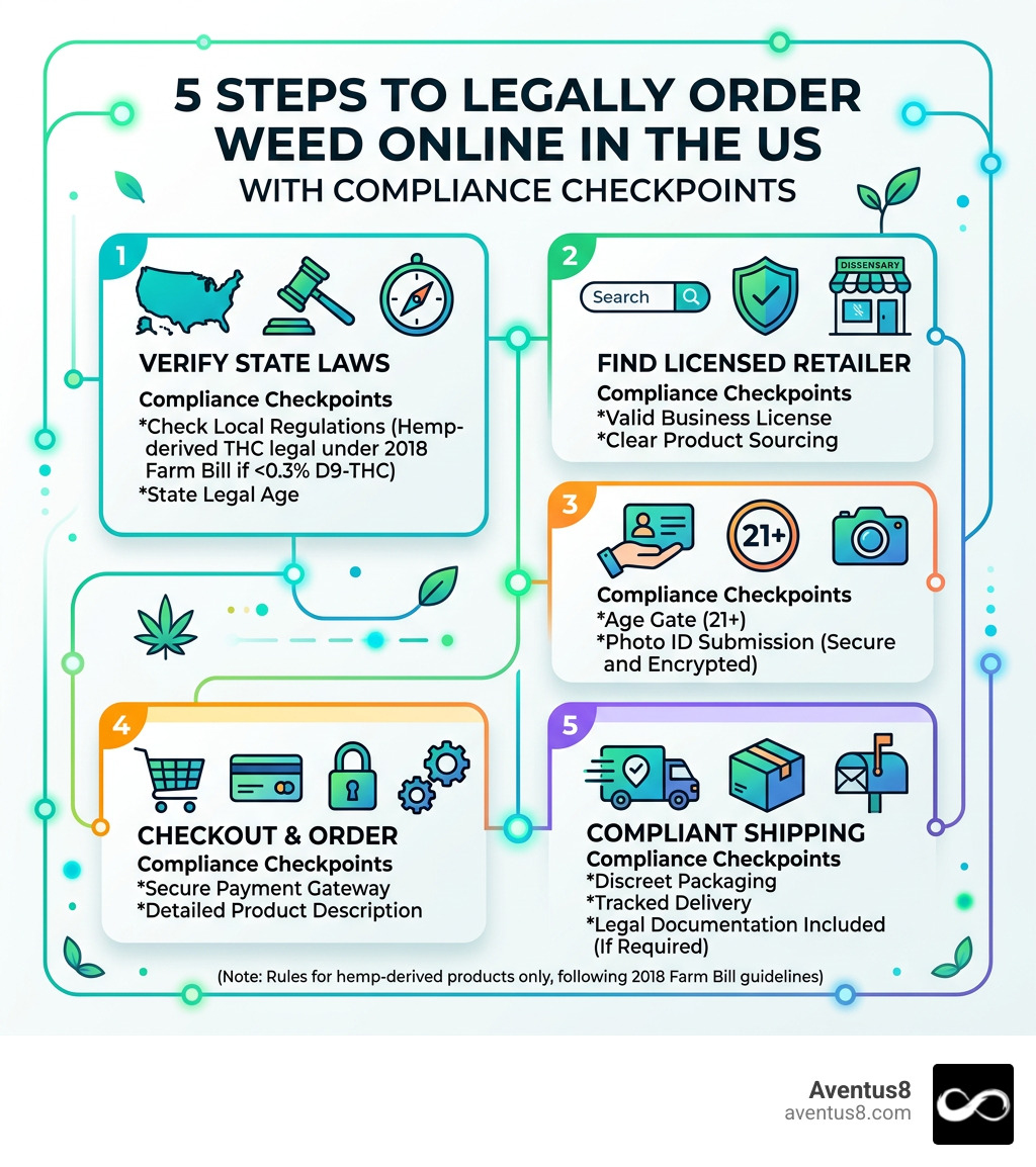Infographic showing 5 steps to legally order weed online in the US with key compliance checkpoints infographic Infographic showing 5 steps to legally order weed online in the US with key compliance checkpoints infographic