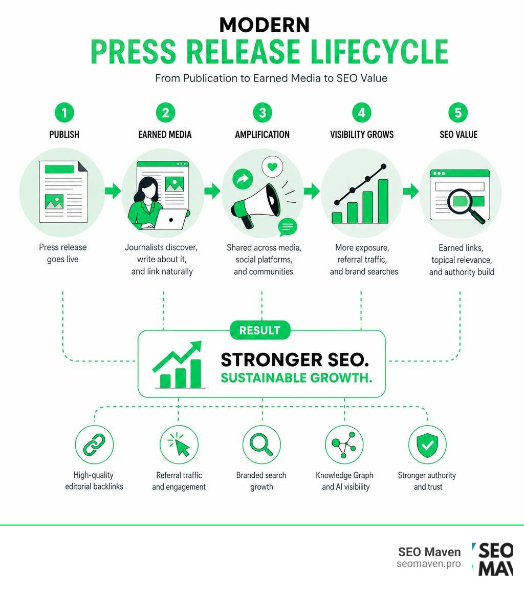 Modern press release lifecycle from publication to earned media to SEO value infographic