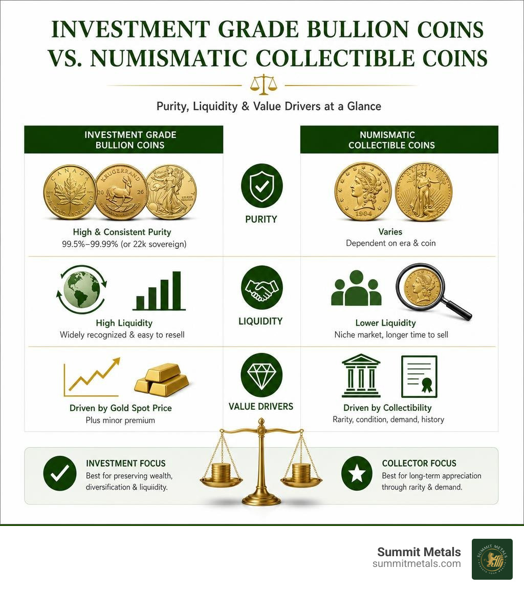 Infographic comparing investment grade bullion coins vs numismatic collectible coins by purity liquidity and value drivers Infographic comparing investment grade bullion coins vs numismatic collectible coins by purity liquidity and value drivers