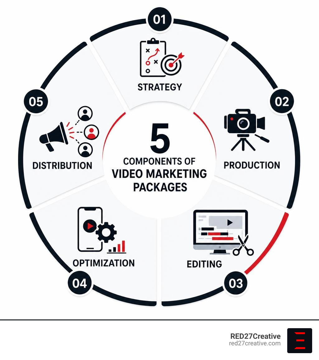 Infographic showing the 5 components of video marketing packages: strategy, production, editing, optimization, distribution Infographic showing the 5 components of video marketing packages: strategy, production, editing, optimization, distribution