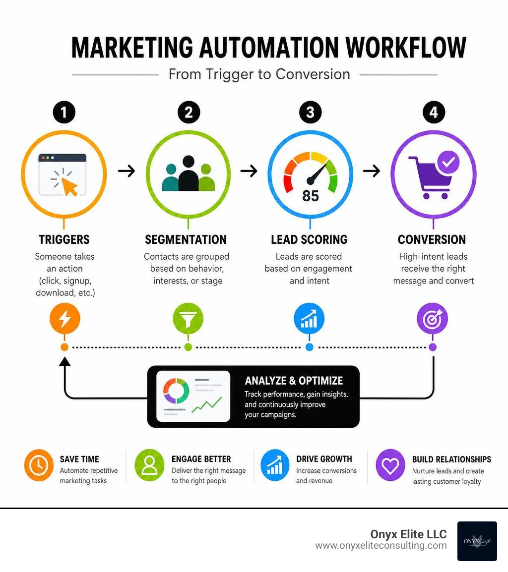 marketing automation workflow infographic showing triggers, segmentation, lead scoring, and conversion steps infographic marketing automation workflow infographic showing triggers, segmentation, lead scoring, and conversion steps infographic