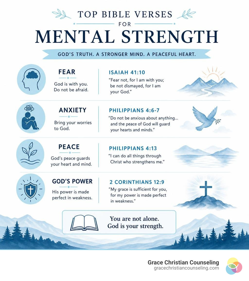 Top Bible verses for mental strength with key themes: fear, anxiety, peace, and God's power infographic Top Bible verses for mental strength with key themes: fear, anxiety, peace, and God's power infographic